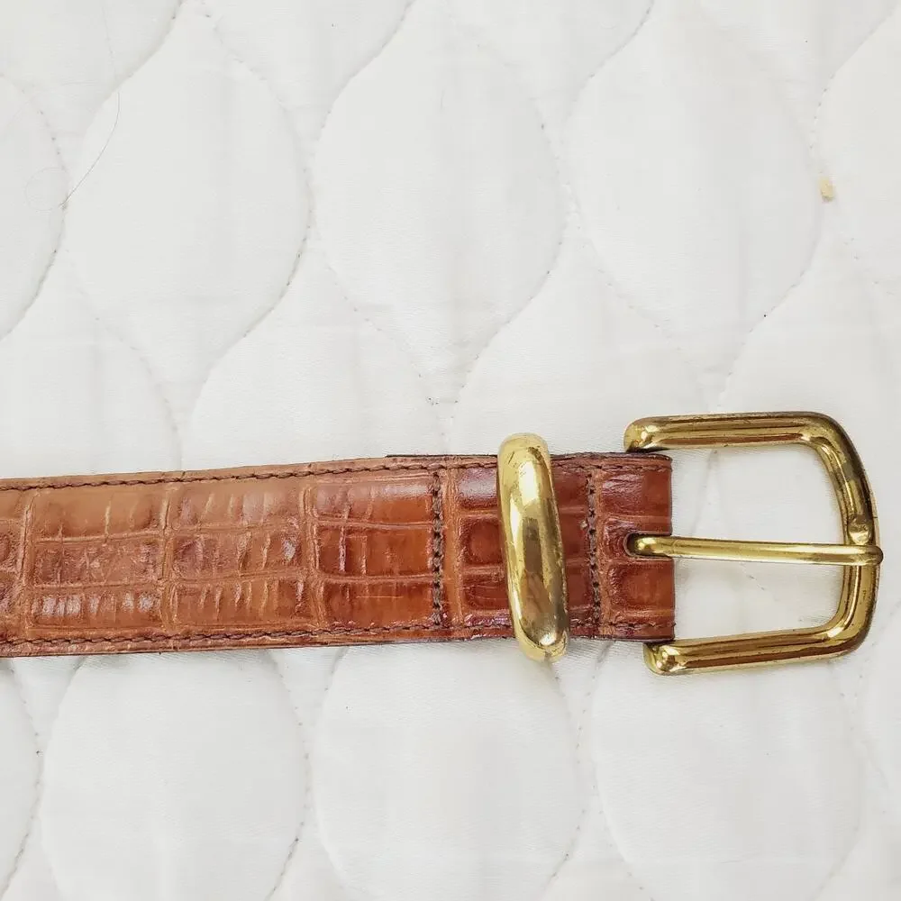 Y2K Bill Blass Brown Genuine Crocodile Embossed Leather Belt Women's 38 Boho